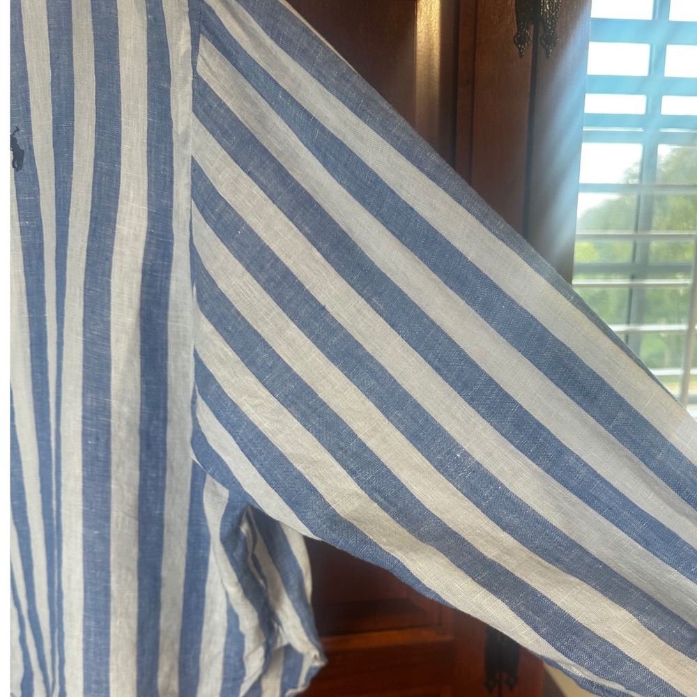 Polo Ralph Lauren Blue White Striped Linen Shirt Crop Boxy Fit XL - Picture 5 of 14